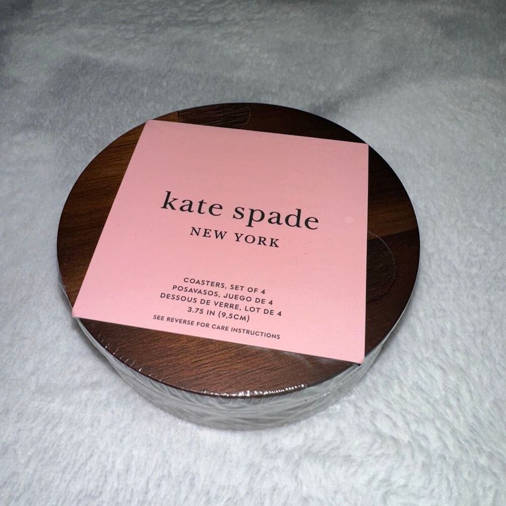 Kate Spade Deco Dot Wooden Table Drink Coasters Set of 4 Brown 3.75” NWT